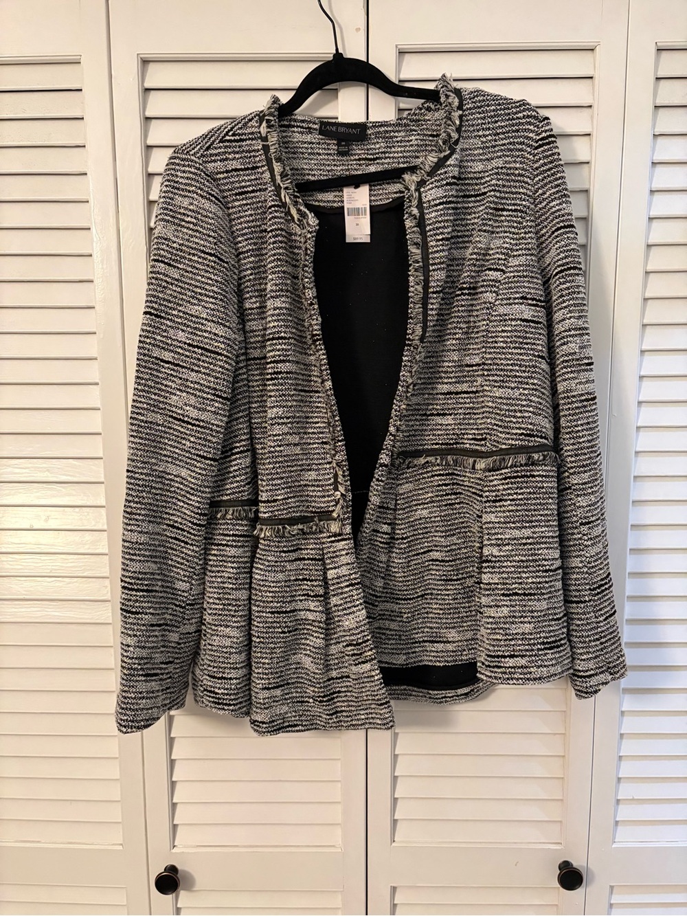 Lane Bryant Black & White Fringed Open-Front Peplum Jacket